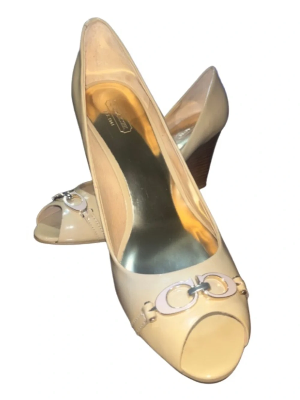 Coach Elora Patent Leather Peep Toe Wedge Heels - Tan Nude 11B LIKE NEW